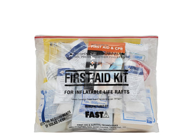 SOLAS Liferaft First Aid Kit (MKIT1190) is packed in a waterproof, resealable mylar bag that meets all the requirements for waterproofing and saltwater exposure. By fastlimited.com