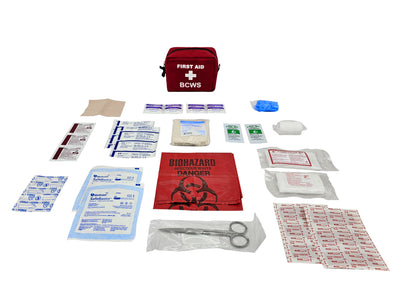 F.A.S.T. Limited's Personal First Aid Kit, designed for wildland fire suppression firefighters, is manufactured with a waterproof zipper and seams, ensuring contents remain dry and sterile. The Loggers Pouch is a red 1000 Denier Cordura coated with durable waterproofing, 100% nylon, and 100% polyurethane backing. The Back has a 3" W x 3 ½" L centered loop for attaching to the belt, and it is silkscreening in white ink on the front of the carry bag.