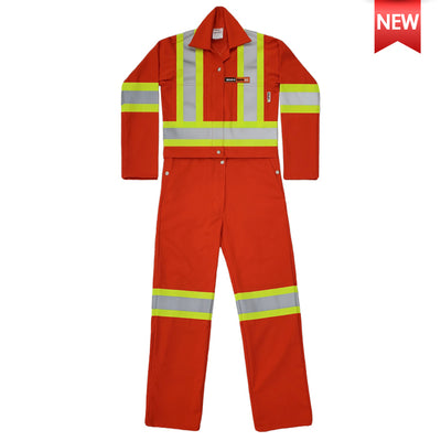 Front picture of Full Orange Safety Women's Coverall with CSA Z96-22 Class 2 Level 2 and WorkSafeBC Type 1 compliance features a 4" contrasting trim with 2" silver reflective material on the front jacket, sleeves and the front of the pants. The jacket features two front pockets on the show, and the pants feature two side pockets.