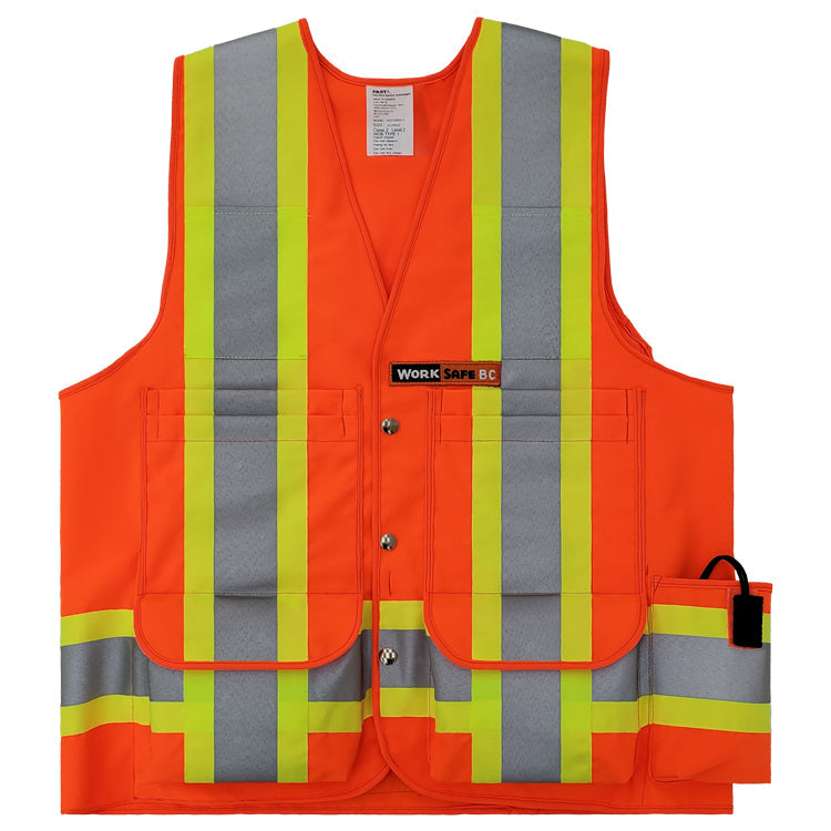 Deluxe high visibility surveyor style safety vest made of orange fluorescent polyester with multiple pockets by fastlimited.com