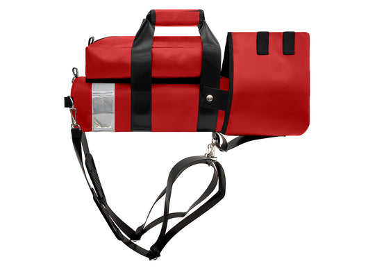 Outside Dimensions: 22"L x 5" W. Designed for a D Oxygen Cylinder (not included). Weight: 2.05 lbs. Outer Fabric: Heavy-duty PVC-Vinyl 18 oz. Lining: 210 Denier Nylon with polyurethane. Features: Reflective trim, coated webbing, heavy-duty metal hardware, YKK zipper, cylindrical main compartment with foam and drawstring closure, padded outer regulator hood with Velcro, removable pouch, two carry handles, adjustable shoulder straps, and an enclosed PVC-Vinyl bottom.