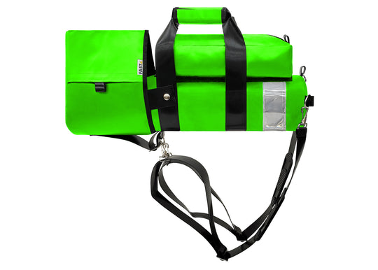 Outside Dimensions: 22"L x 5" W. Designed for a D Oxygen Cylinder (not included). Weight: 2.05 lbs. Outer Fabric: Heavy-duty PVC-Vinyl 18 oz. Lining: 210 Denier Nylon with polyurethane. Features: Reflective trim, coated webbing, heavy-duty metal hardware, YKK zipper, cylindrical main compartment with foam and drawstring closure, padded outer regulator hood with Velcro, removable pouch, two carry handles, adjustable shoulder straps, and an enclosed PVC-Vinyl bottom.
