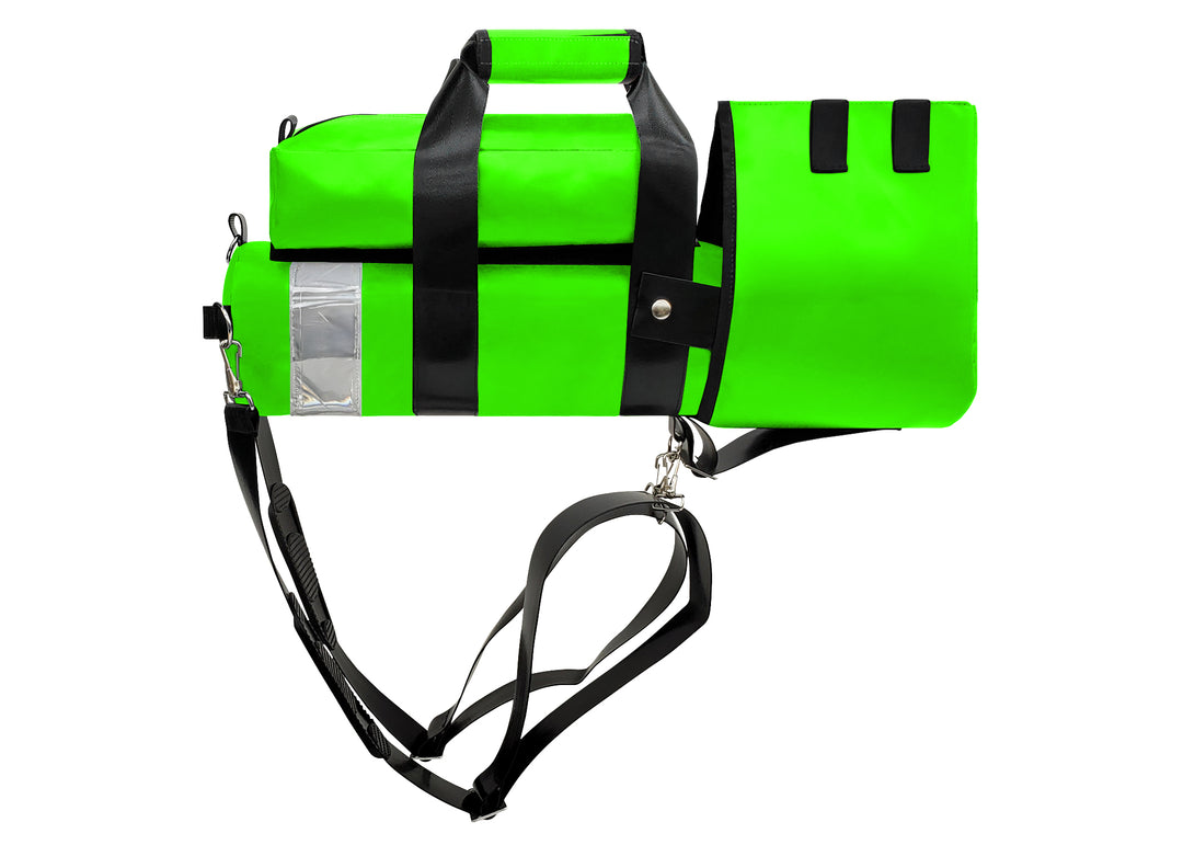 Outside Dimensions: 22"L x 5" W. Designed for a D Oxygen Cylinder (not included). Weight: 2.05 lbs. Outer Fabric: Heavy-duty PVC-Vinyl 18 oz. Lining: 210 Denier Nylon with polyurethane. Features: Reflective trim, coated webbing, heavy-duty metal hardware, YKK zipper, cylindrical main compartment with foam and drawstring closure, padded outer regulator hood with Velcro, removable pouch, two carry handles, adjustable shoulder straps, and an enclosed PVC-Vinyl bottom.