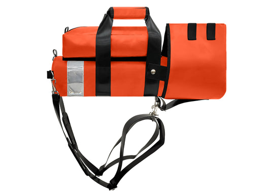 Outside Dimensions: 22"L x 5" W. Designed for a D Oxygen Cylinder (not included). Weight: 2.05 lbs. Outer Fabric: Heavy-duty PVC-Vinyl 18 oz. Lining: 210 Denier Nylon with polyurethane. Features: Reflective trim, coated webbing, heavy-duty metal hardware, YKK zipper, cylindrical main compartment with foam and drawstring closure, padded outer regulator hood with Velcro, removable pouch, two carry handles, adjustable shoulder straps, and an enclosed PVC-Vinyl bottom.