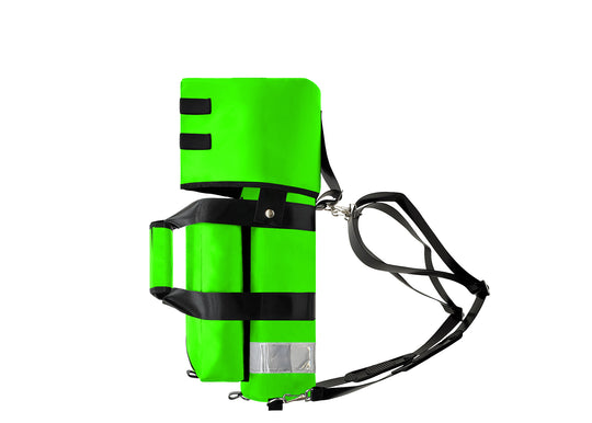 Outside Dimensions: 22"L x 5" W. Designed for a D Oxygen Cylinder (not included). Weight: 2.05 lbs. Outer Fabric: Heavy-duty PVC-Vinyl 18 oz. Lining: 210 Denier Nylon with polyurethane. Features: Reflective trim, coated webbing, heavy-duty metal hardware, YKK zipper, cylindrical main compartment with foam and drawstring closure, padded outer regulator hood with Velcro, removable pouch, two carry handles, adjustable shoulder straps, and an enclosed PVC-Vinyl bottom.