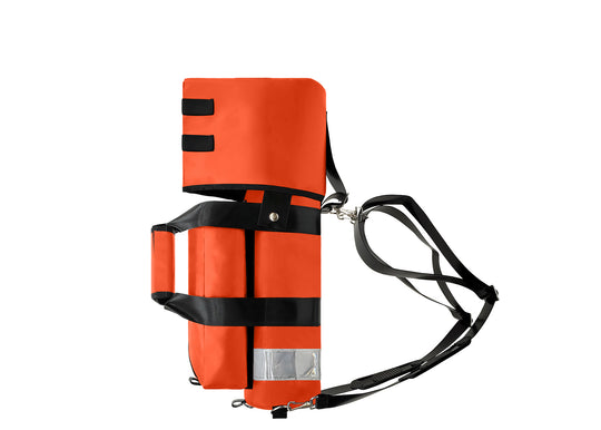 Outside Dimensions: 22"L x 5" W. Designed for a D Oxygen Cylinder (not included). Weight: 2.05 lbs. Outer Fabric: Heavy-duty PVC-Vinyl 18 oz. Lining: 210 Denier Nylon with polyurethane. Features: Reflective trim, coated webbing, heavy-duty metal hardware, YKK zipper, cylindrical main compartment with foam and drawstring closure, padded outer regulator hood with Velcro, removable pouch, two carry handles, adjustable shoulder straps, and an enclosed PVC-Vinyl bottom.