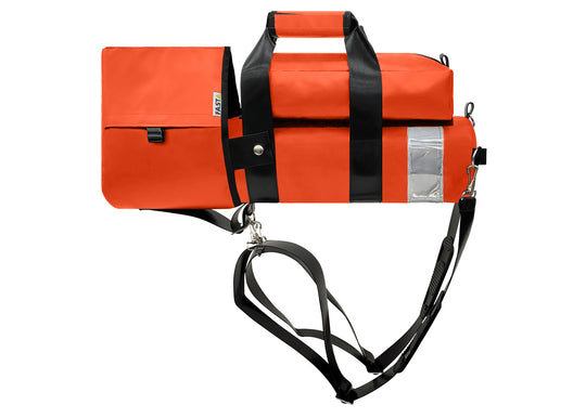 Outside Dimensions: 22"L x 5" W. Designed for a D Oxygen Cylinder (not included). Weight: 2.05 lbs. Outer Fabric: Heavy-duty PVC-Vinyl 18 oz. Lining: 210 Denier Nylon with polyurethane. Features: Reflective trim, coated webbing, heavy-duty metal hardware, YKK zipper, cylindrical main compartment with foam and drawstring closure, padded outer regulator hood with Velcro, removable pouch, two carry handles, adjustable shoulder straps, and an enclosed PVC-Vinyl bottom.