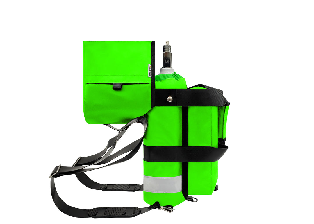 Outside Dimensions: 22"L x 5" W. Designed for a D Oxygen Cylinder (not included). Weight: 2.05 lbs. Outer Fabric: Heavy-duty PVC-Vinyl 18 oz. Lining: 210 Denier Nylon with polyurethane. Features: Reflective trim, coated webbing, heavy-duty metal hardware, YKK zipper, cylindrical main compartment with foam and drawstring closure, padded outer regulator hood with Velcro, removable pouch, two carry handles, adjustable shoulder straps, and an enclosed PVC-Vinyl bottom.