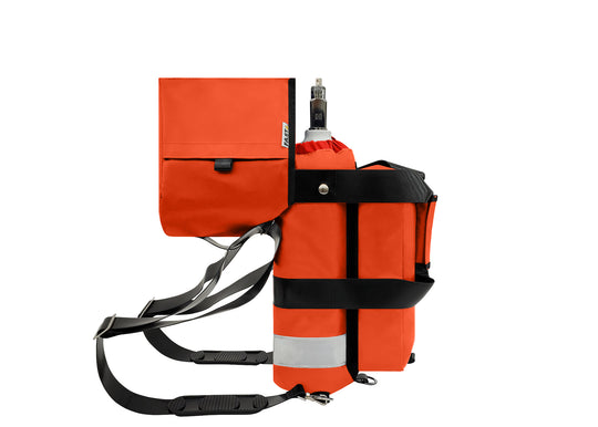 Outside Dimensions: 22"L x 5" W. Designed for a D Oxygen Cylinder (not included). Weight: 2.05 lbs. Outer Fabric: Heavy-duty PVC-Vinyl 18 oz. Lining: 210 Denier Nylon with polyurethane. Features: Reflective trim, coated webbing, heavy-duty metal hardware, YKK zipper, cylindrical main compartment with foam and drawstring closure, padded outer regulator hood with Velcro, removable pouch, two carry handles, adjustable shoulder straps, and an enclosed PVC-Vinyl bottom.