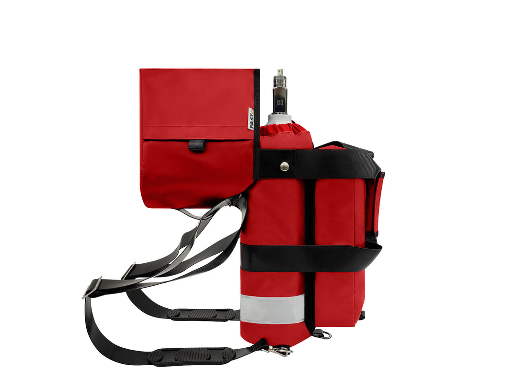 Outside Dimensions: 22"L x 5" W. Designed for a D Oxygen Cylinder (not included). Weight: 2.05 lbs. Outer Fabric: Heavy-duty PVC-Vinyl 18 oz. Lining: 210 Denier Nylon with polyurethane. Features: Reflective trim, coated webbing, heavy-duty metal hardware, YKK zipper, cylindrical main compartment with foam and drawstring closure, padded outer regulator hood with Velcro, removable pouch, two carry handles, adjustable shoulder straps, and an enclosed PVC-Vinyl bottom.