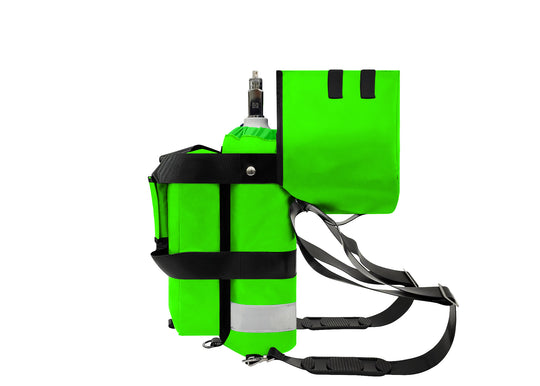 Outside Dimensions: 22"L x 5" W. Designed for a D Oxygen Cylinder (not included). Weight: 2.05 lbs. Outer Fabric: Heavy-duty PVC-Vinyl 18 oz. Lining: 210 Denier Nylon with polyurethane. Features: Reflective trim, coated webbing, heavy-duty metal hardware, YKK zipper, cylindrical main compartment with foam and drawstring closure, padded outer regulator hood with Velcro, removable pouch, two carry handles, adjustable shoulder straps, and an enclosed PVC-Vinyl bottom.