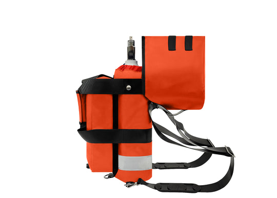 Outside Dimensions: 22"L x 5" W. Designed for a D Oxygen Cylinder (not included). Weight: 2.05 lbs. Outer Fabric: Heavy-duty PVC-Vinyl 18 oz. Lining: 210 Denier Nylon with polyurethane. Features: Reflective trim, coated webbing, heavy-duty metal hardware, YKK zipper, cylindrical main compartment with foam and drawstring closure, padded outer regulator hood with Velcro, removable pouch, two carry handles, adjustable shoulder straps, and an enclosed PVC-Vinyl bottom.