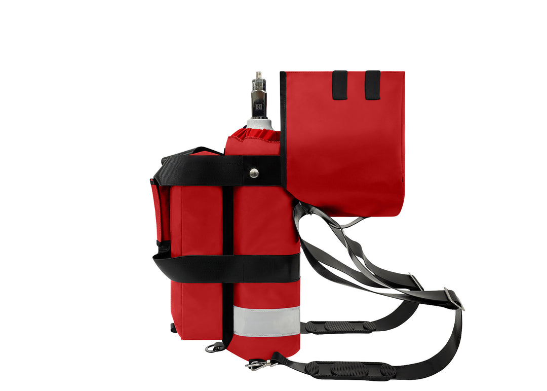 Outside Dimensions: 22"L x 5" W. Designed for a D Oxygen Cylinder (not included). Weight: 2.05 lbs. Outer Fabric: Heavy-duty PVC-Vinyl 18 oz. Lining: 210 Denier Nylon with polyurethane. Features: Reflective trim, coated webbing, heavy-duty metal hardware, YKK zipper, cylindrical main compartment with foam and drawstring closure, padded outer regulator hood with Velcro, removable pouch, two carry handles, adjustable shoulder straps, and an enclosed PVC-Vinyl bottom.
