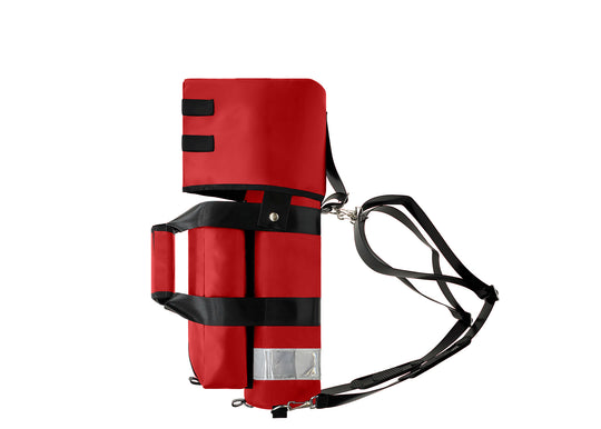 Outside Dimensions: 22"L x 5" W. Designed for a D Oxygen Cylinder (not included). Weight: 2.05 lbs. Outer Fabric: Heavy-duty PVC-Vinyl 18 oz. Lining: 210 Denier Nylon with polyurethane. Features: Reflective trim, coated webbing, heavy-duty metal hardware, YKK zipper, cylindrical main compartment with foam and drawstring closure, padded outer regulator hood with Velcro, removable pouch, two carry handles, adjustable shoulder straps, and an enclosed PVC-Vinyl bottom.