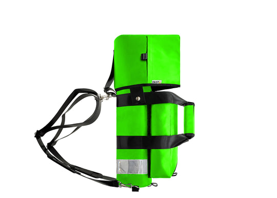Outside Dimensions: 22"L x 5" W. Designed for a D Oxygen Cylinder (not included). Weight: 2.05 lbs. Outer Fabric: Heavy-duty PVC-Vinyl 18 oz. Lining: 210 Denier Nylon with polyurethane. Features: Reflective trim, coated webbing, heavy-duty metal hardware, YKK zipper, cylindrical main compartment with foam and drawstring closure, padded outer regulator hood with Velcro, removable pouch, two carry handles, adjustable shoulder straps, and an enclosed PVC-Vinyl bottom.