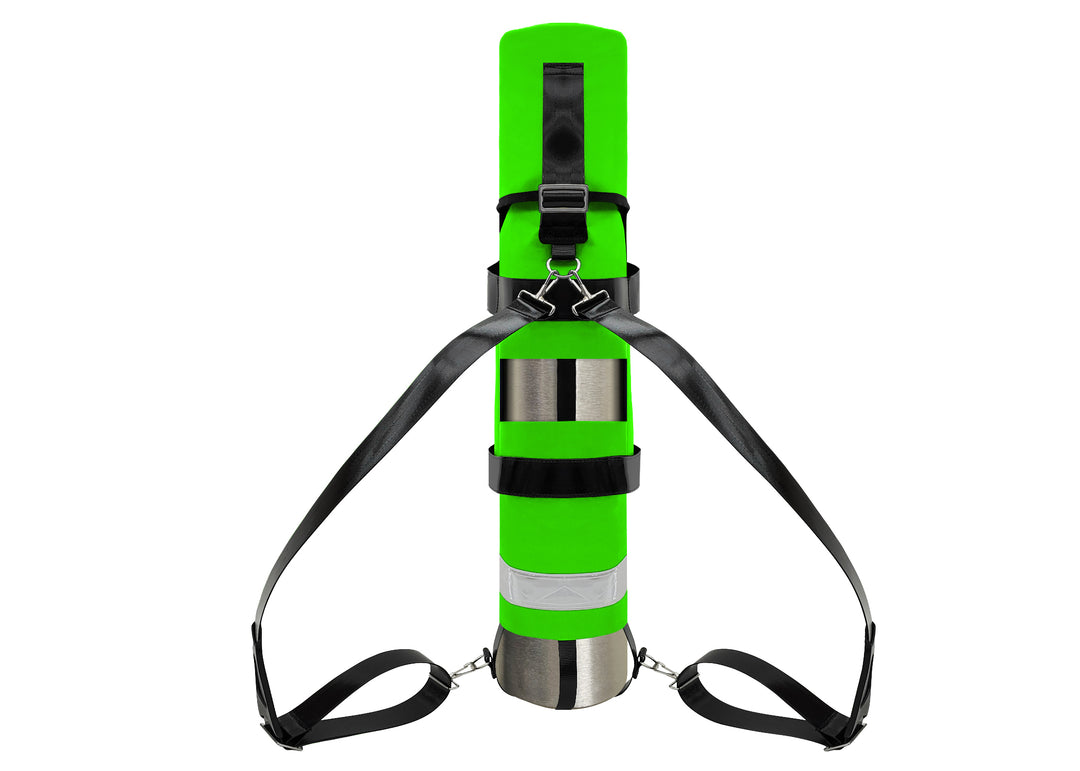 Outside Dimensions: 25" (L) x 15½" (Circumference) x 7½" (Diameter). Fits an "E" Oxygen Cylinder (not included). Weight: 3.04 lbs. Outer fabric: 18 oz. PVC. Lining: 210 denier nylon with polyurethane. 2” white high-gloss reflective trim, coated seatbelt, heavy-duty metal D-rings, snap hooks, tri-glides, 2 extra D-rings, YKK Zipper. Main compartment: cylindrical with a drawstring, padded regulator hood, and a removable pouch secured with Velcro.  2 adjustable shoulder straps are non-slip, open bottom design.