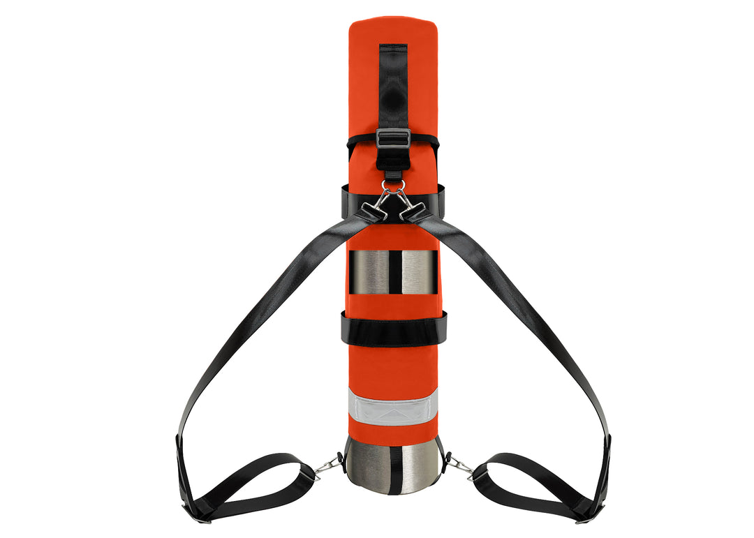 Outside Dimensions: 25" (L) x 15½" (Circumference) x 7½" (Diameter). Fits an "E" Oxygen Cylinder (not included). Weight: 3.04 lbs. Outer fabric: 18 oz. PVC. Lining: 210 denier nylon with polyurethane. 2” white high-gloss reflective trim, coated seatbelt, heavy-duty metal D-rings, snap hooks, tri-glides, 2 extra D-rings, YKK Zipper. Main compartment: cylindrical with a drawstring, padded regulator hood, and a removable pouch secured with Velcro.  2 adjustable shoulder straps are non-slip, open bottom design.