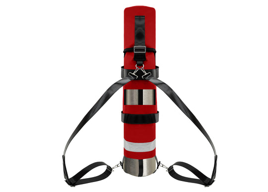 Outside Dimensions: 25" (L) x 15½" (Circumference) x 7½" (Diameter). Fits an "E" Oxygen Cylinder (not included). Weight: 3.04 lbs. Outer fabric: 18 oz. PVC. Lining: 210 denier nylon with polyurethane. 2” white high-gloss reflective trim, coated seatbelt, heavy-duty metal D-rings, snap hooks, tri-glides, 2 extra D-rings, YKK Zipper. Main compartment: cylindrical with a drawstring, padded regulator hood, and a removable pouch secured with Velcro.  2 adjustable shoulder straps are non-slip, open bottom design.