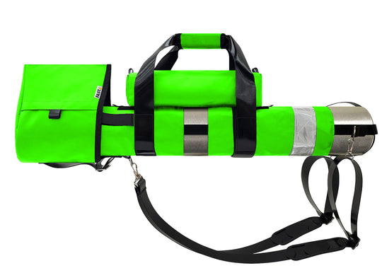 Outside Dimensions: 25" (L) x 15½" (Circumference) x 7½" (Diameter). Fits an "E" Oxygen Cylinder (not included). Weight: 3.04 lbs. Outer fabric: 18 oz. PVC. Lining: 210 denier nylon with polyurethane. 2” white high-gloss reflective trim, coated seatbelt, heavy-duty metal D-rings, snap hooks, tri-glides, 2 extra D-rings, YKK Zipper. Main compartment: cylindrical with a drawstring, padded regulator hood, and a removable pouch secured with Velcro.  2 adjustable shoulder straps are non-slip, open bottom design.
