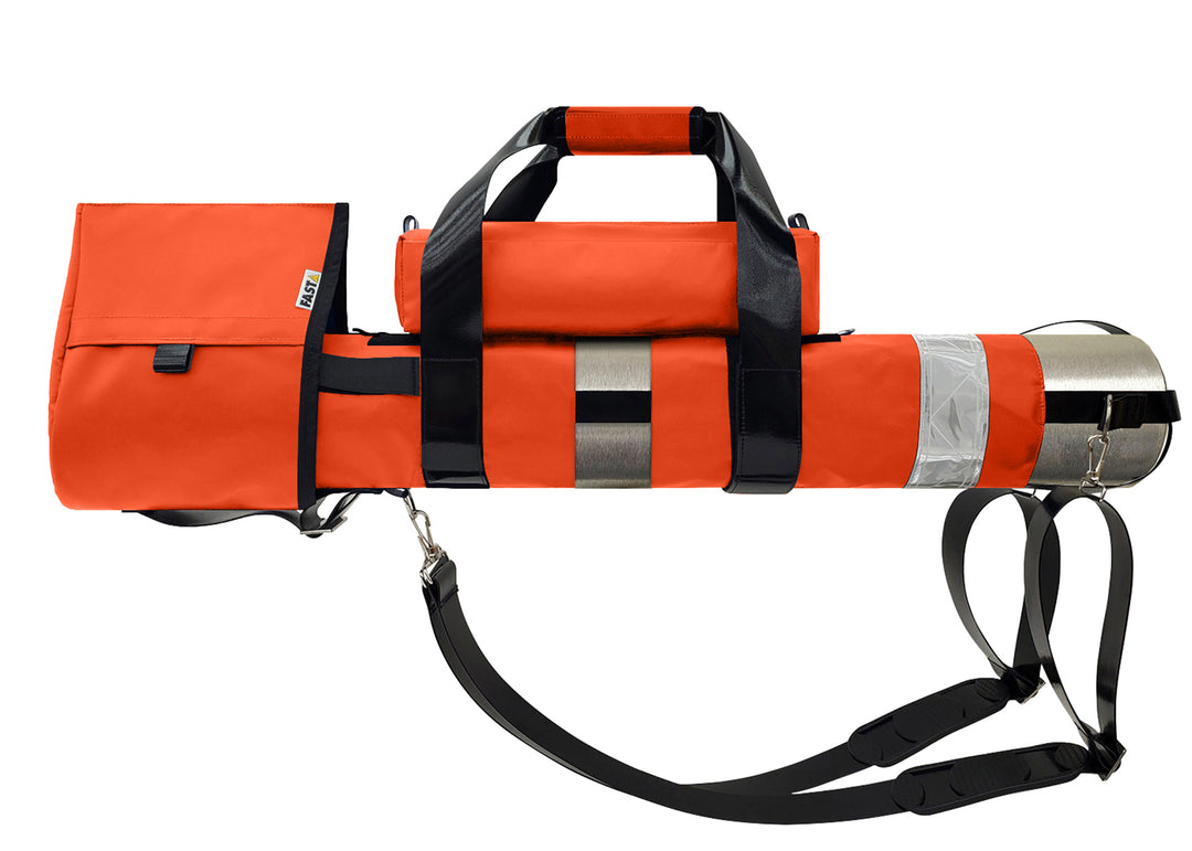 Outside Dimensions: 25" (L) x 15½" (Circumference) x 7½" (Diameter). Fits an "E" Oxygen Cylinder (not included). Weight: 3.04 lbs. Outer fabric: 18 oz. PVC. Lining: 210 denier nylon with polyurethane. 2” white high-gloss reflective trim, coated seatbelt, heavy-duty metal D-rings, snap hooks, tri-glides, 2 extra D-rings, YKK Zipper. Main compartment: cylindrical with a drawstring, padded regulator hood, and a removable pouch secured with Velcro.  2 adjustable shoulder straps are non-slip, open bottom design.