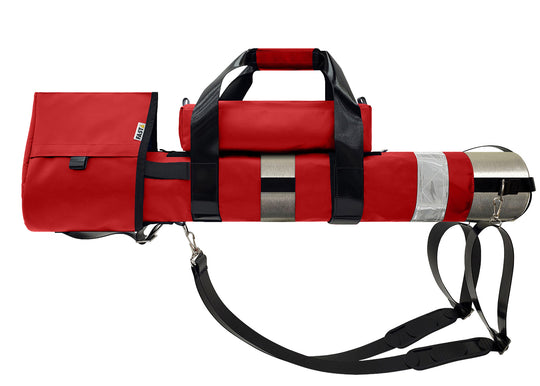 Outside Dimensions: 25" (L) x 15½" (Circumference) x 7½" (Diameter). Fits an "E" Oxygen Cylinder (not included). Weight: 3.04 lbs. Outer fabric: 18 oz. PVC. Lining: 210 denier nylon with polyurethane. 2” white high-gloss reflective trim, coated seatbelt, heavy-duty metal D-rings, snap hooks, tri-glides, 2 extra D-rings, YKK Zipper. Main compartment: cylindrical with a drawstring, padded regulator hood, and a removable pouch secured with Velcro.  2 adjustable shoulder straps are non-slip, open bottom design.