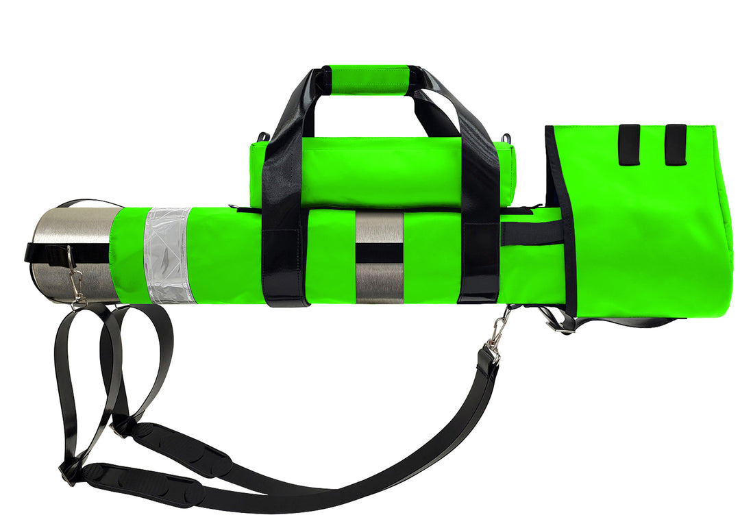 Outside Dimensions: 25" (L) x 15½" (Circumference) x 7½" (Diameter). Fits an "E" Oxygen Cylinder (not included). Weight: 3.04 lbs. Outer fabric: 18 oz. PVC. Lining: 210 denier nylon with polyurethane. 2” white high-gloss reflective trim, coated seatbelt, heavy-duty metal D-rings, snap hooks, tri-glides, 2 extra D-rings, YKK Zipper. Main compartment: cylindrical with a drawstring, padded regulator hood, and a removable pouch secured with Velcro.  2 adjustable shoulder straps are non-slip, open bottom design.