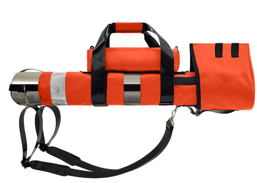 Outside Dimensions: 25" (L) x 15½" (Circumference) x 7½" (Diameter). Fits an "E" Oxygen Cylinder (not included). Weight: 3.04 lbs. Outer fabric: 18 oz. PVC. Lining: 210 denier nylon with polyurethane. 2” white high-gloss reflective trim, coated seatbelt, heavy-duty metal D-rings, snap hooks, tri-glides, 2 extra D-rings, YKK Zipper. Main compartment: cylindrical with a drawstring, padded regulator hood, and a removable pouch secured with Velcro.  2 adjustable shoulder straps are non-slip, open bottom design.
