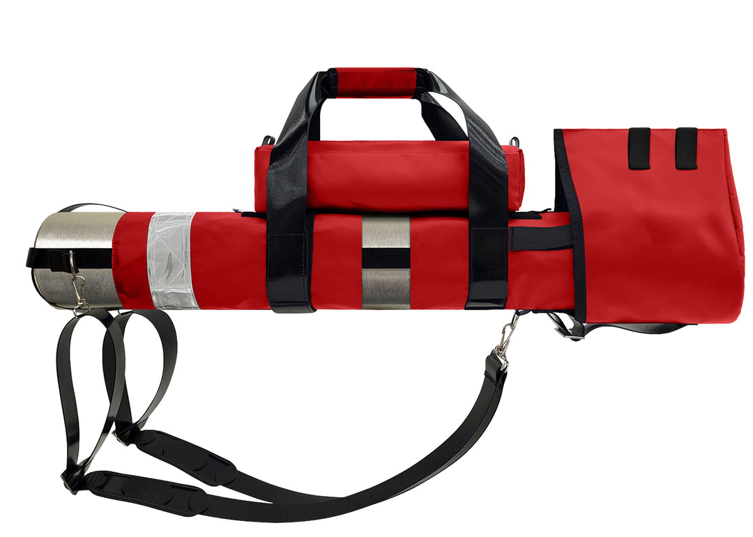 Outside Dimensions: 25" (L) x 15½" (Circumference) x 7½" (Diameter). Fits an "E" Oxygen Cylinder (not included). Weight: 3.04 lbs. Outer fabric: 18 oz. PVC. Lining: 210 denier nylon with polyurethane. 2” white high-gloss reflective trim, coated seatbelt, heavy-duty metal D-rings, snap hooks, tri-glides, 2 extra D-rings, YKK Zipper. Main compartment: cylindrical with a drawstring, padded regulator hood, and a removable pouch secured with Velcro.  2 adjustable shoulder straps are non-slip, open bottom design.