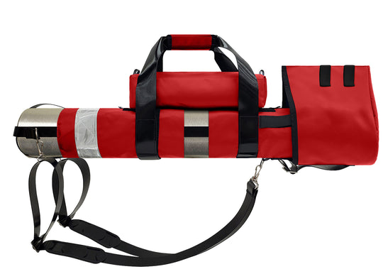 Outside Dimensions: 25" (L) x 15½" (Circumference) x 7½" (Diameter). Fits an "E" Oxygen Cylinder (not included). Weight: 3.04 lbs. Outer fabric: 18 oz. PVC. Lining: 210 denier nylon with polyurethane. 2” white high-gloss reflective trim, coated seatbelt, heavy-duty metal D-rings, snap hooks, tri-glides, 2 extra D-rings, YKK Zipper. Main compartment: cylindrical with a drawstring, padded regulator hood, and a removable pouch secured with Velcro.  2 adjustable shoulder straps are non-slip, open bottom design.