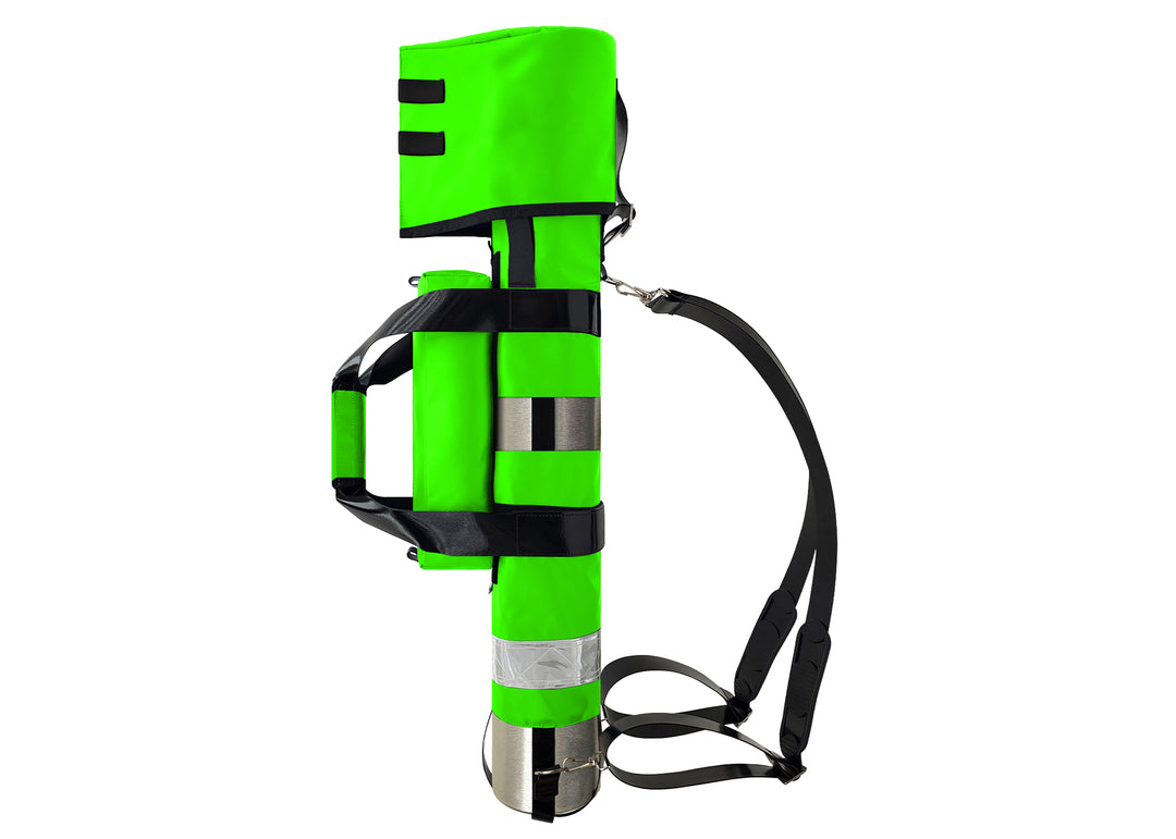 Outside Dimensions: 25" (L) x 15½" (Circumference) x 7½" (Diameter). Fits an "E" Oxygen Cylinder (not included). Weight: 3.04 lbs. Outer fabric: 18 oz. PVC. Lining: 210 denier nylon with polyurethane. 2” white high-gloss reflective trim, coated seatbelt, heavy-duty metal D-rings, snap hooks, tri-glides, 2 extra D-rings, YKK Zipper. Main compartment: cylindrical with a drawstring, padded regulator hood, and a removable pouch secured with Velcro.  2 adjustable shoulder straps are non-slip, open bottom design.