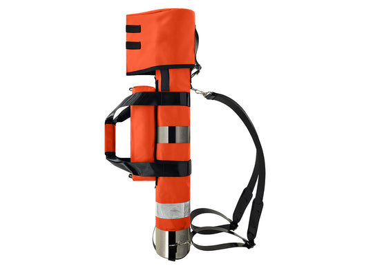 Outside Dimensions: 25" (L) x 15½" (Circumference) x 7½" (Diameter). Fits an "E" Oxygen Cylinder (not included). Weight: 3.04 lbs. Outer fabric: 18 oz. PVC. Lining: 210 denier nylon with polyurethane. 2” white high-gloss reflective trim, coated seatbelt, heavy-duty metal D-rings, snap hooks, tri-glides, 2 extra D-rings, YKK Zipper. Main compartment: cylindrical with a drawstring, padded regulator hood, and a removable pouch secured with Velcro.  2 adjustable shoulder straps are non-slip, open bottom design.