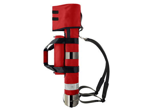 Outside Dimensions: 25" (L) x 15½" (Circumference) x 7½" (Diameter). Fits an "E" Oxygen Cylinder (not included). Weight: 3.04 lbs. Outer fabric: 18 oz. PVC. Lining: 210 denier nylon with polyurethane. 2” white high-gloss reflective trim, coated seatbelt, heavy-duty metal D-rings, snap hooks, tri-glides, 2 extra D-rings, YKK Zipper. Main compartment: cylindrical with a drawstring, padded regulator hood, and a removable pouch secured with Velcro.  2 adjustable shoulder straps are non-slip, open bottom design.