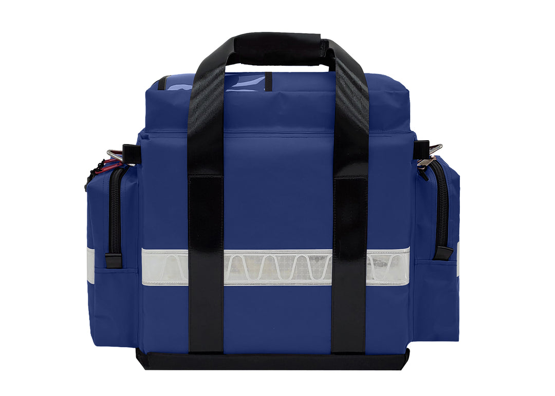 EMS / Trauma Premium Bag
Dimensions: 19½" L x 8" W x 12" H  
Weight: 5.1 lbs (empty)  
Material:18 oz Heavy Duty PVC Vinyl; Lining: 200 Denier Nylon,  2” white reflective trim on pockets, heavy-duty metal hardware and YKK zippers. Adjustable/removable compartments, zippered front pocket with pouches and elastic loops. Large top pocket with clear Mylar sleeve, two end pockets, PVC-coated carry handles with snap covers. Removable, adjustable shoulder strap.
