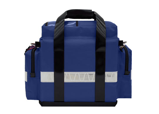 EMS / Trauma Premium Bag
Dimensions: 19½" L x 8" W x 12" H  
Weight: 5.1 lbs (empty)  
Material:18 oz Heavy Duty PVC Vinyl; Lining: 200 Denier Nylon,  2” white reflective trim on pockets, heavy-duty metal hardware and YKK zippers. Adjustable/removable compartments, zippered front pocket with pouches and elastic loops. Large top pocket with clear Mylar sleeve, two end pockets, PVC-coated carry handles with snap covers. Removable, adjustable shoulder strap.