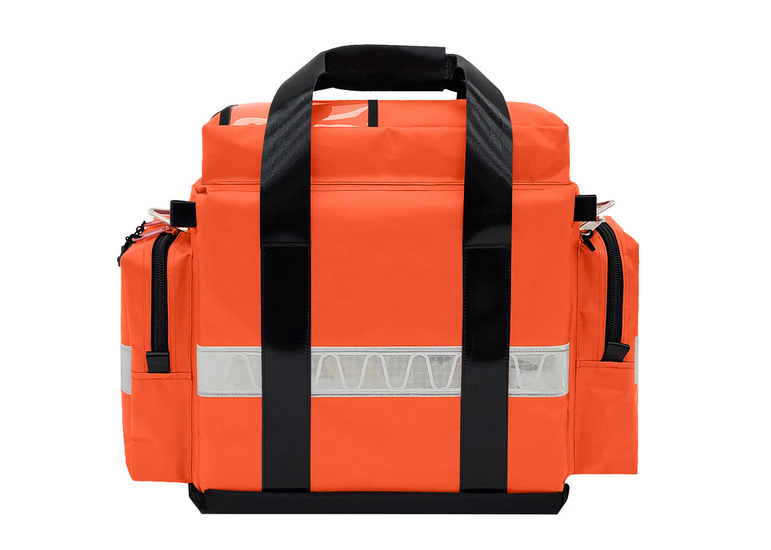 EMS / Trauma Premium Bag
Dimensions: 19½" L x 8" W x 12" H  
Weight: 5.1 lbs (empty)  
Material:18 oz Heavy Duty PVC Vinyl; Lining: 200 Denier Nylon,  2” white reflective trim on pockets, heavy-duty metal hardware and YKK zippers. Adjustable/removable compartments, zippered front pocket with pouches and elastic loops. Large top pocket with clear Mylar sleeve, two end pockets, PVC-coated carry handles with snap covers. Removable, adjustable shoulder strap.