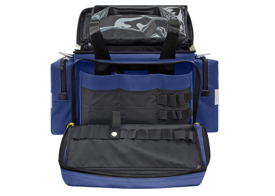 EMS / Trauma Premium Bag
Dimensions: 19½" L x 8" W x 12" H  
Weight: 5.1 lbs (empty)  
Material:18 oz Heavy Duty PVC Vinyl; Lining: 200 Denier Nylon,  2” white reflective trim on pockets, heavy-duty metal hardware and YKK zippers. Adjustable/removable compartments, zippered front pocket with pouches and elastic loops. Large top pocket with clear Mylar sleeve, two end pockets, PVC-coated carry handles with snap covers. Removable, adjustable shoulder strap.