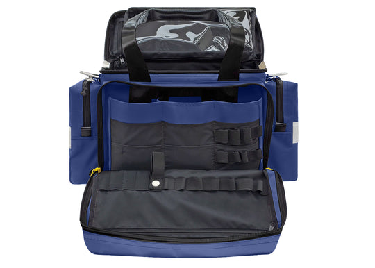 EMS / Trauma Premium Bag
Dimensions: 19½" L x 8" W x 12" H  
Weight: 5.1 lbs (empty)  
Material:18 oz Heavy Duty PVC Vinyl; Lining: 200 Denier Nylon,  2” white reflective trim on pockets, heavy-duty metal hardware and YKK zippers. Adjustable/removable compartments, zippered front pocket with pouches and elastic loops. Large top pocket with clear Mylar sleeve, two end pockets, PVC-coated carry handles with snap covers. Removable, adjustable shoulder strap.