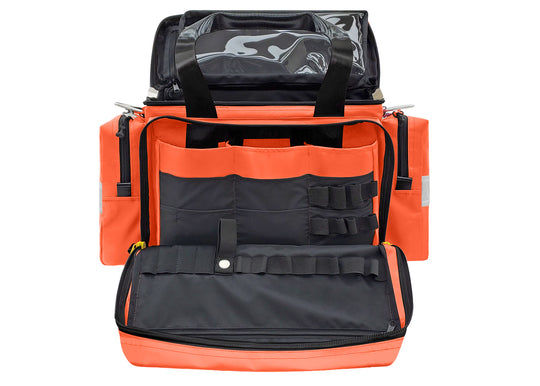 EMS / Trauma Premium Bag
Dimensions: 19½" L x 8" W x 12" H  
Weight: 5.1 lbs (empty)  
Material:18 oz Heavy Duty PVC Vinyl; Lining: 200 Denier Nylon,  2” white reflective trim on pockets, heavy-duty metal hardware and YKK zippers. Adjustable/removable compartments, zippered front pocket with pouches and elastic loops. Large top pocket with clear Mylar sleeve, two end pockets, PVC-coated carry handles with snap covers. Removable, adjustable shoulder strap.
