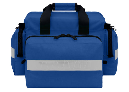 First Responder Basic Bag - Regular
Dimensions:20”L x 13.5”W x 11.5”H (inside: 14"L x 5"W x 9.75"H)
Weight:1.9 lbs (empty)
Fabric: Cordura® 1000 Denier Nylon, polyurethane-coated, unlined. 2” white high gloss reflective on side and end pockets. Heavy-duty plastic D-rings, snap hooks, triglide, YKK zippers with double pulls. Front/Back pockets with half-zippers; 2 side pockets with half-zippers. Seat belt carry handle with Velcro closures; adjustable, removable shoulder strap with a non-slip rubber pad. 