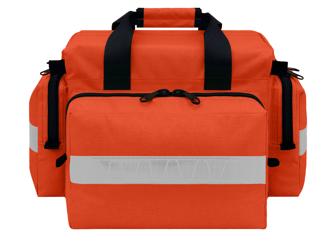 First Responder Basic Bag - Regular
Dimensions:20”L x 13.5”W x 11.5”H (inside: 14"L x 5"W x 9.75"H)
Weight:1.9 lbs (empty)
Fabric: Cordura® 1000 Denier Nylon, polyurethane-coated, unlined. 2” white high gloss reflective on side and end pockets. Heavy-duty plastic D-rings, snap hooks, triglide, YKK zippers with double pulls. Front/Back pockets with half-zippers; 2 side pockets with half-zippers. Seat belt carry handle with Velcro closures; adjustable, removable shoulder strap with a non-slip rubber pad. 