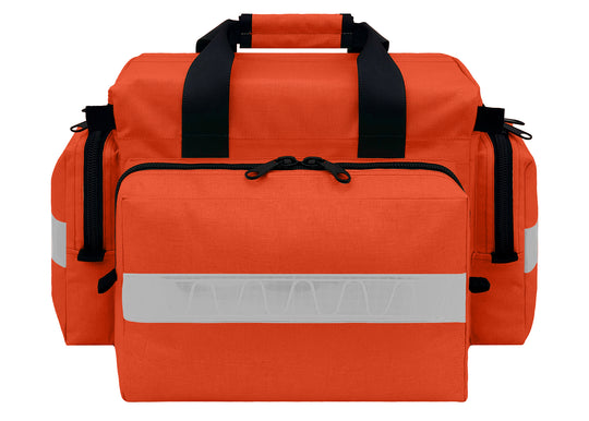 First Responder Basic Bag - Regular
Dimensions:20”L x 13.5”W x 11.5”H (inside: 14"L x 5"W x 9.75"H)
Weight:1.9 lbs (empty)
Fabric: Cordura® 1000 Denier Nylon, polyurethane-coated, unlined. 2” white high gloss reflective on side and end pockets. Heavy-duty plastic D-rings, snap hooks, triglide, YKK zippers with double pulls. Front/Back pockets with half-zippers; 2 side pockets with half-zippers. Seat belt carry handle with Velcro closures; adjustable, removable shoulder strap with a non-slip rubber pad. 