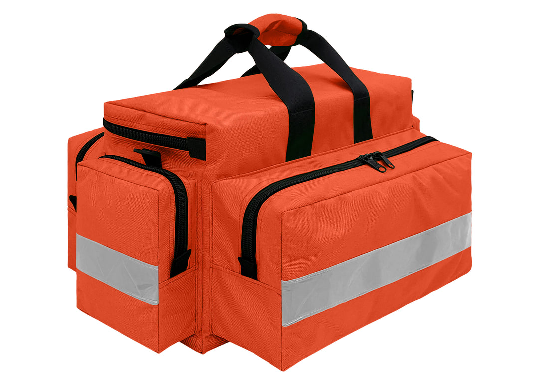 First Responder Basic Bag - Large
Dimensions:25” L x 18” W x 11” H (Inside: 18.25” L x 6.5” W x 9” H)  
Weight:2.3 lbs (empty)  
Materials: Cordura® 1000 Denier Nylon, Polyurethane Coated, unlined.   
2” High Gloss Fluorescent Yellow reflective trim on side and end pockets. Heavy-duty plastic D-rings, snap hooks, and triglide. YKK zipper coils with double pulls. 2 zippered front and back pockets, 2 side pockets. Webbing carry handles with Velcro. Adjustable and removable shoulder strap with non-slip pad.