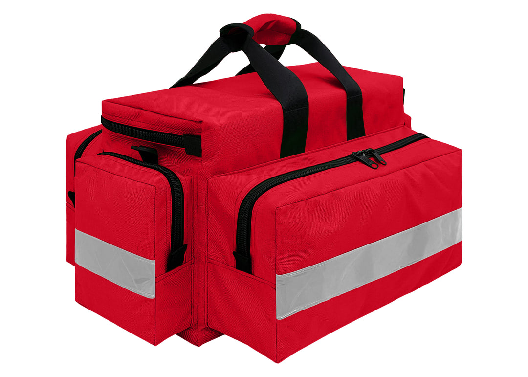 First Responder Basic Bag - Large
Dimensions:25” L x 18” W x 11” H (Inside: 18.25” L x 6.5” W x 9” H)  
Weight:2.3 lbs (empty)  
Materials: Cordura® 1000 Denier Nylon, Polyurethane Coated, unlined.   
2” High Gloss Fluorescent Yellow reflective trim on side and end pockets. Heavy-duty plastic D-rings, snap hooks, and triglide. YKK zipper coils with double pulls. 2 zippered front and back pockets, 2 side pockets. Webbing carry handles with Velcro. Adjustable and removable shoulder strap with non-slip pad.