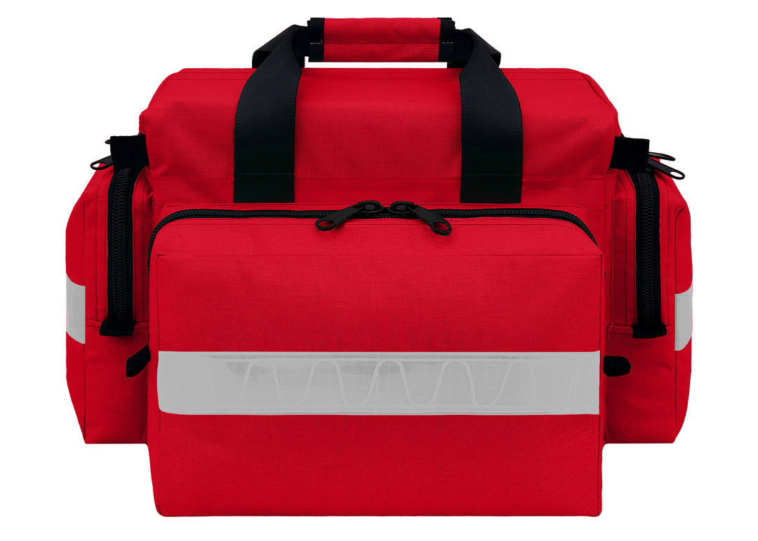 First Responder Basic Bag - Regular
Dimensions:20”L x 13.5”W x 11.5”H (inside: 14"L x 5"W x 9.75"H)
Weight:1.9 lbs (empty)
Fabric: Cordura® 1000 Denier Nylon, polyurethane-coated, unlined. 2” white high gloss reflective on side and end pockets. Heavy-duty plastic D-rings, snap hooks, triglide, YKK zippers with double pulls. Front/Back pockets with half-zippers; 2 side pockets with half-zippers. Seat belt carry handle with Velcro closures; adjustable, removable shoulder strap with a non-slip rubber pad. 
