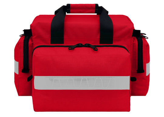 First Responder Basic Bag - Regular
Dimensions:20”L x 13.5”W x 11.5”H (inside: 14"L x 5"W x 9.75"H)
Weight:1.9 lbs (empty)
Fabric: Cordura® 1000 Denier Nylon, polyurethane-coated, unlined. 2” white high gloss reflective on side and end pockets. Heavy-duty plastic D-rings, snap hooks, triglide, YKK zippers with double pulls. Front/Back pockets with half-zippers; 2 side pockets with half-zippers. Seat belt carry handle with Velcro closures; adjustable, removable shoulder strap with a non-slip rubber pad. 