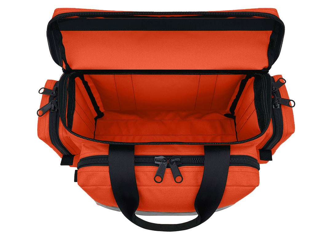 First Responder Basic Bag - Regular
Dimensions:20”L x 13.5”W x 11.5”H (inside: 14"L x 5"W x 9.75"H)
Weight:1.9 lbs (empty)
Fabric: Cordura® 1000 Denier Nylon, polyurethane-coated, unlined. 2” white high gloss reflective on side and end pockets. Heavy-duty plastic D-rings, snap hooks, triglide, YKK zippers with double pulls. Front/Back pockets with half-zippers; 2 side pockets with half-zippers. Seat belt carry handle with Velcro closures; adjustable, removable shoulder strap with a non-slip rubber pad. 