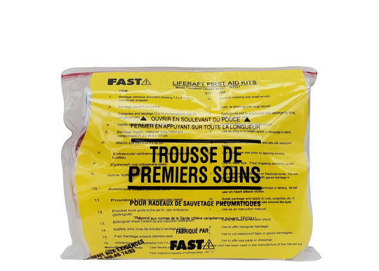 SOLAS Liferaft First Aid Kit (MKIT1190) is packed in a waterproof, resealable mylar bag that meets all the requirements for waterproofing and saltwater exposure. By fastlimited.com