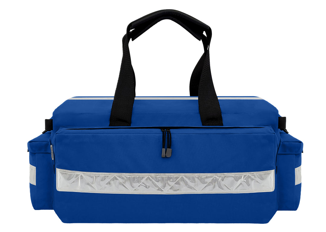 The Oxygen Duffel Backpack is made from durable blue Cordura® 1000 denier nylon with a polyurethane coating. It features a 2-inch white hi-gloss reflective trim on top, front, back and end pockets, YKK zippers with zip clips, heavy poly webbing carry handles, and two plastic D-rings. Heavy poly webbing carry handles and two plastic D rings.