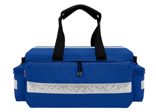 The Oxygen Duffel Backpack is made from durable blue Cordura® 1000 denier nylon with a polyurethane coating. It features a 2-inch white hi-gloss reflective trim on top, front, back and end pockets, YKK zippers with zip clips, heavy poly webbing carry handles, and two plastic D-rings. Heavy poly webbing carry handles and two plastic D rings.