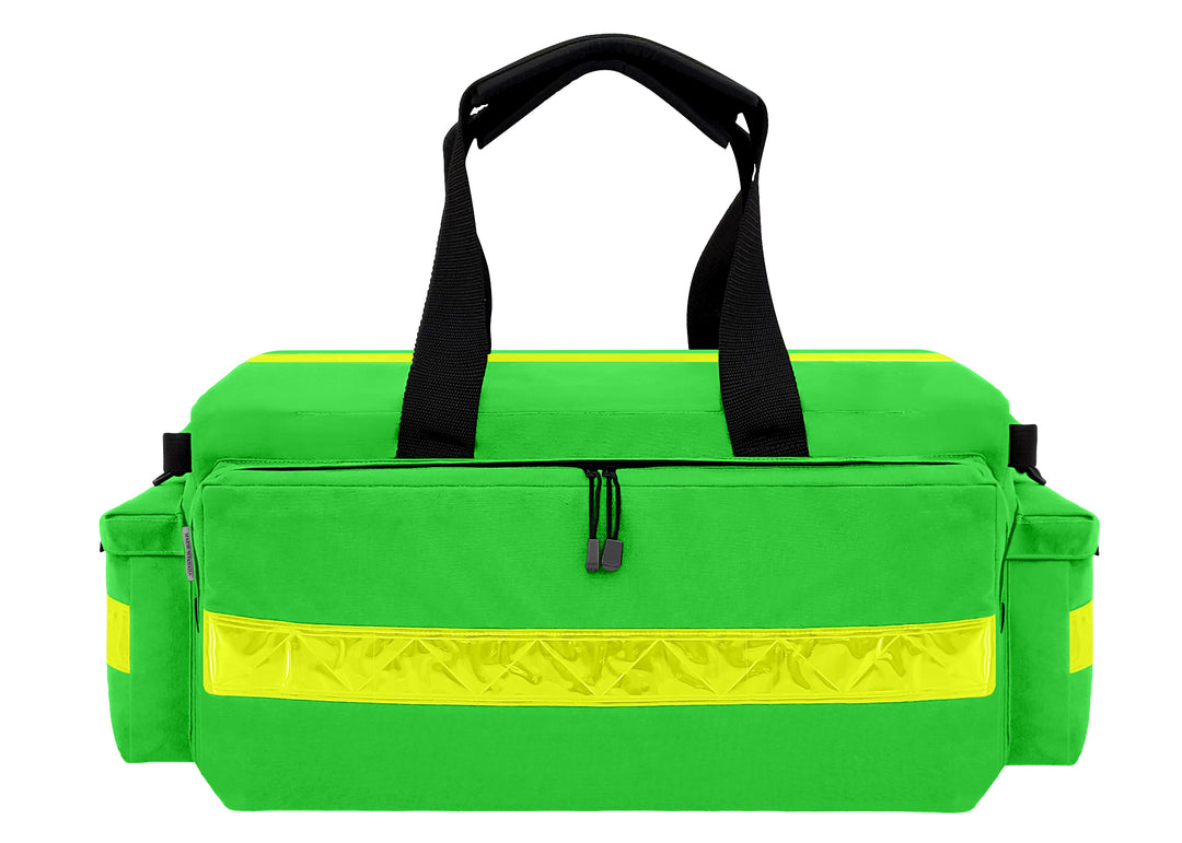 The Oxygen Duffel Backpack is made from durable fluorescent green Cordura® 1000 denier nylon with a polyurethane coating. It features a 2-inch yellow hi-gloss reflective trim on top, front, back and end pockets, YKK zippers with zip clips, heavy poly webbing carry handles, and two plastic D-rings. Heavy poly webbing carry handles and two plastic D rings.